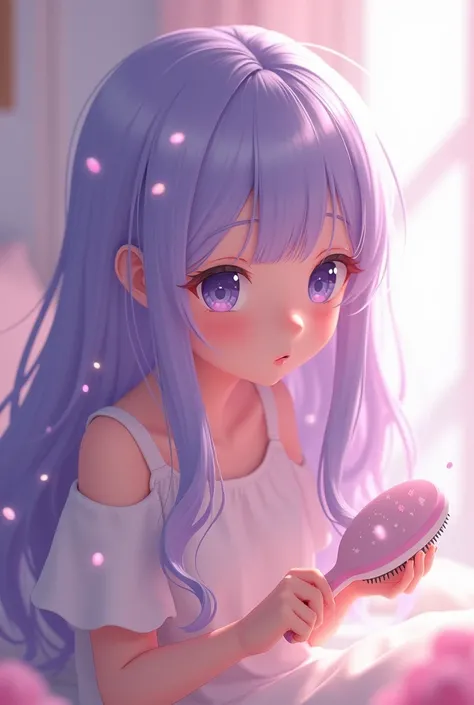 Cute anime girl with long pastel purple hair doing ASMR brushing