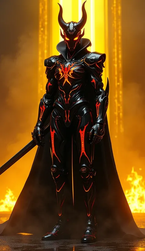 close up photo of a Golden Devil in cyberpunk robot mecha, slim and sleek, wrapped in black with red line ripped oversized robe, in the style of Guillermo del toro. Vibrant bright orange neon patterns on head and armor. stand in the middle of an empty glow...