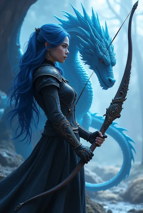 A bow with a stick and a narmal blue dragon and blue hair and with a black armor  

