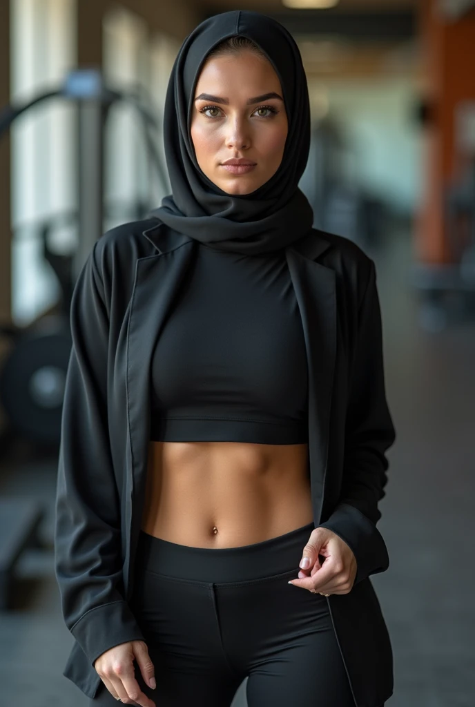 Hijabi thick Muslim woman with big revealing ass and tits wearing gym outfit 