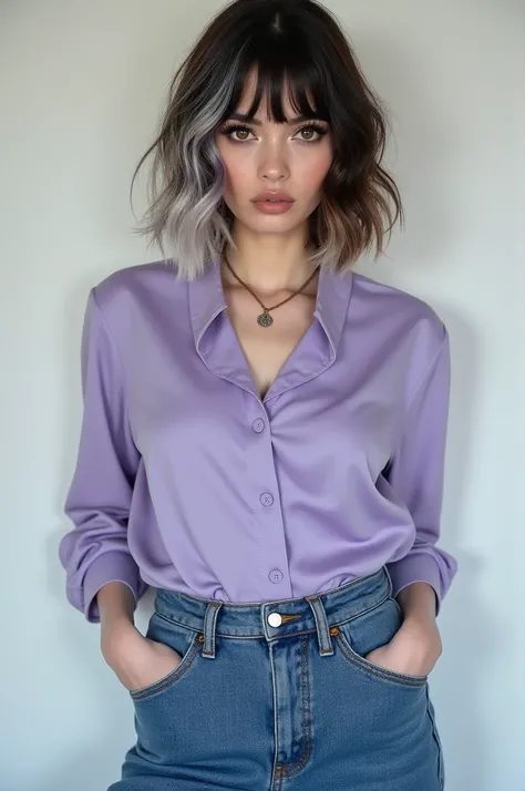 Woman of average build, Brown eyes, Dark brown hair with white tips on top, bob cut, medium length, blue jeans pants, lilac blouse