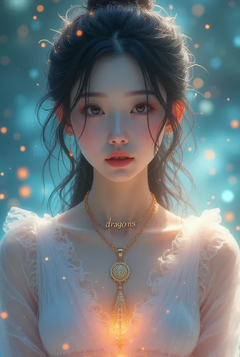 A korean girl wearing ethereal clothes with logo D’DRAGONS on her clothes, wearing an engraved necklace “PEN”, with ethereal colorful background