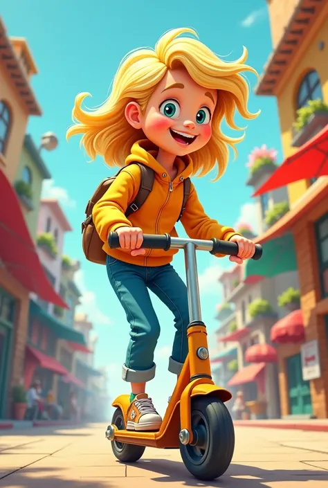 blonde on a cartoon-style standing scooter 

