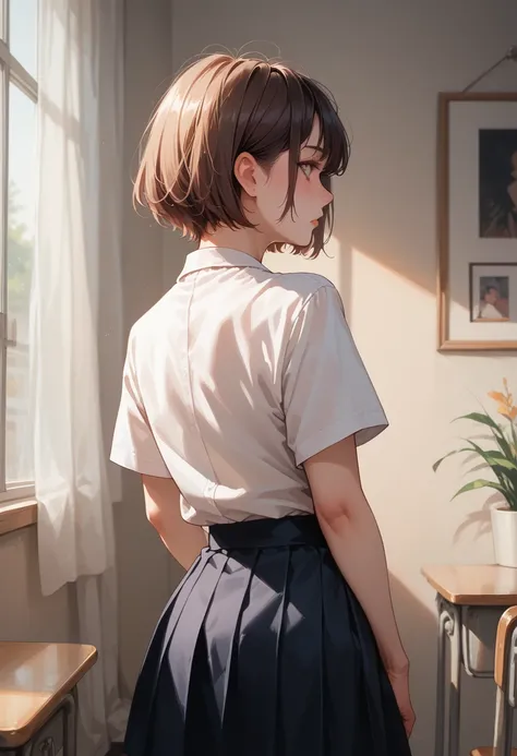 School girl ,short hair, she looking straight backside point of view 