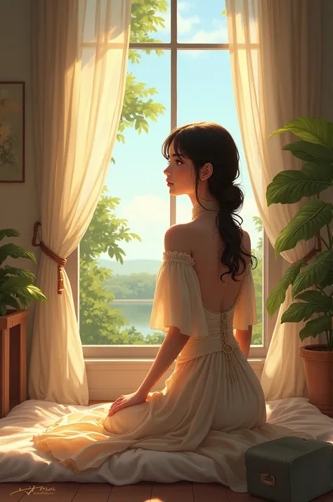 A girlsitting in room 
Beauty outside of room 
A lady is wearing nice dress