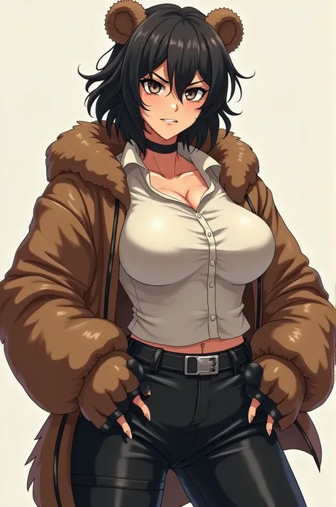 Create me an image of a tall and slightly fat anthropomorphic anime version female bear,with glass glasses and short black hair and that her clothes are a long-sleeved loose shirt and leather pants and that she has big boobs and that she is angry with shar...