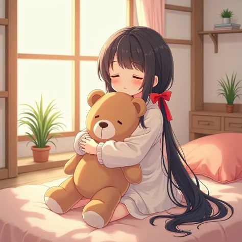 bishojo game style. Girl holding a teddy bear. Sitting. Her hair style is very long low twin tails with red ribbons, black hair, very long low pigtails. modern house, myroom. Japanese.