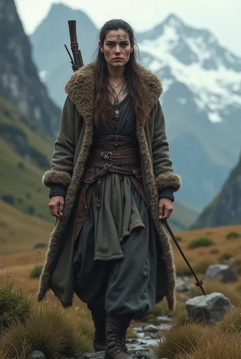 Medieval Norse woman wanderer with staff tribal tattoos coat