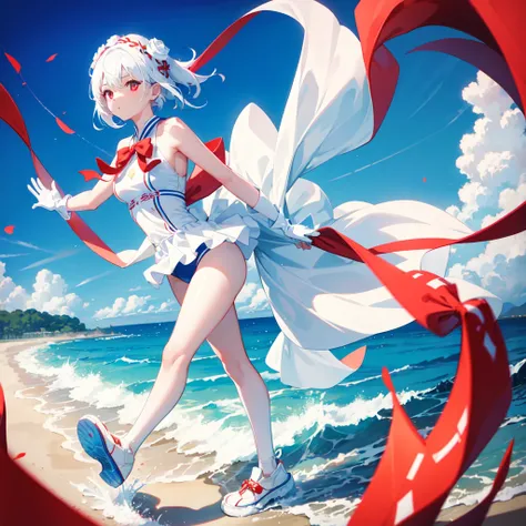 1 girl, ponytailed white short hair, blue ribbon hair ornament around her head, red eyes, wearing oceania stylish white 2-piece swimsuit with white rose, blue high socks and shoes, gloves, surf boarding in the ocean, high res, ultrasharp, 8k, masterpiece