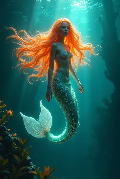 Orange glowing hair mermaid swimming in blue bioluminescent water