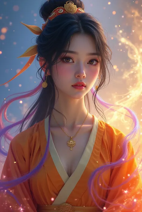 A korean girl wearing orange ethereal clothes with logo D’DRAGONS on her clothes, wearing an engraved necklace “PEN”, with ethereal colorful background