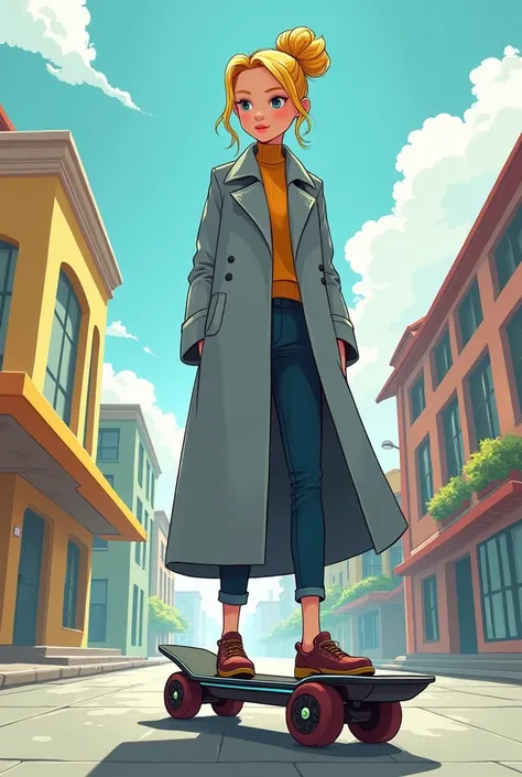 blonde with her hair up wearing a long grey coat on a cartoon style standing electric skateboard 

