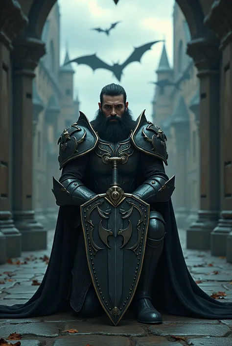 a man in knights armor with a bat crest, kneeling with a large dark claymore sword and an elaborate bat-themed shield, in a fantasy castle setting with dragons flying in the background, dark fantasy, cinematic lighting, ultra-detailed, hyper-realistic, gru...