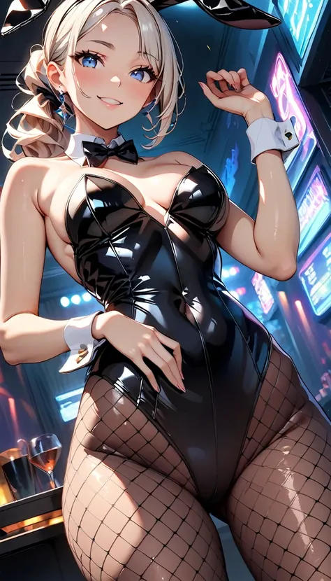 (Highest quality:1.2, Attention to detail, masterpiece:1.2, Best aesthetics), (1 girl), Cowboy Shot, ((Playboy Bunny, Fishnet tights:1.2, Bunny ears, ハイレグ leotard, 白leotard:1.1, leotard)), (Silver Hair, ponytail, Asymmetrical bangs, Bright Blue Eyes), 美しいA...