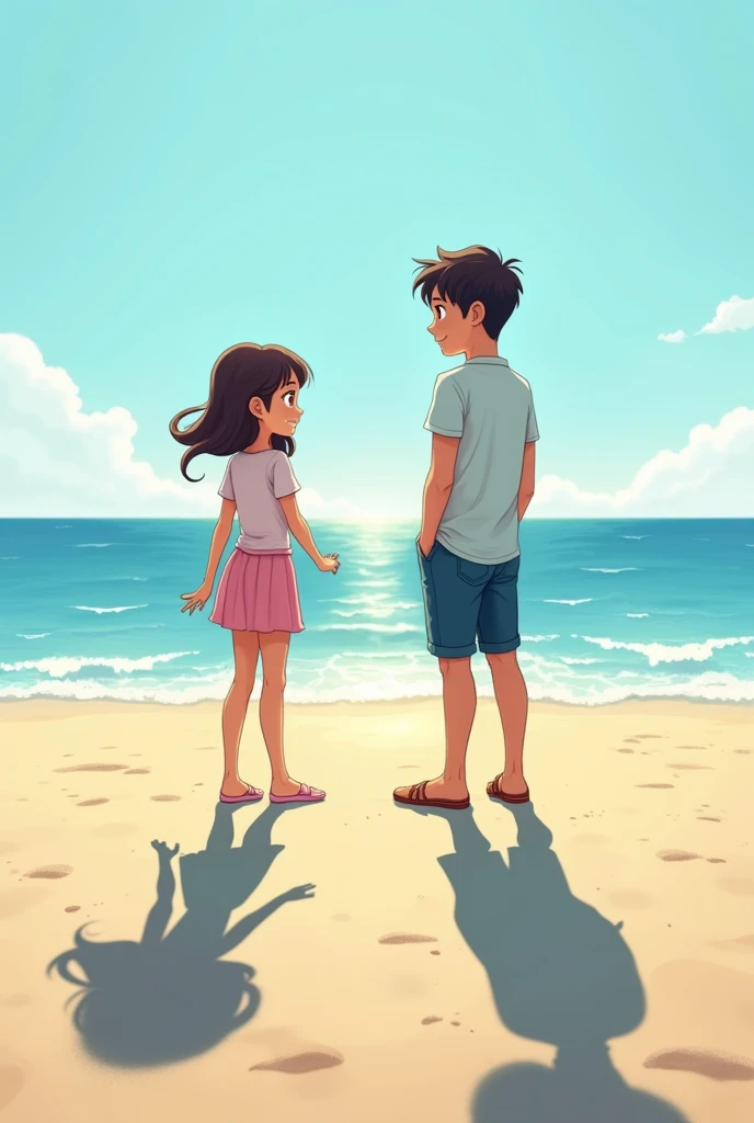 A realistic cartoon a girl and a man meet in a 5 meter distance at ocean show shadow only