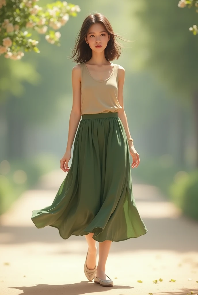 Woman with straight brown hair with subtle highlights wearing a beige tank top and a long green skirt, and with flats