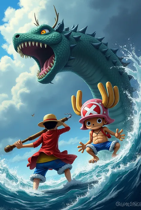 Ussop and chopper and Franklin fighting in the sea