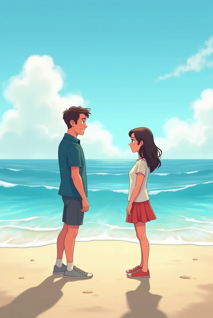 A realistic cartoon a girl and a man meet in a 10 meter distance at ocean show shadow only