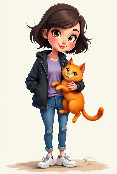 Woman of medium thick build, Brown eyes, Hair half up dark brown and half down white, bob cut, medium length, blue jeans pants, lilac blouse, white tennis shoes, jacket negra, caricature way, raising orange cat