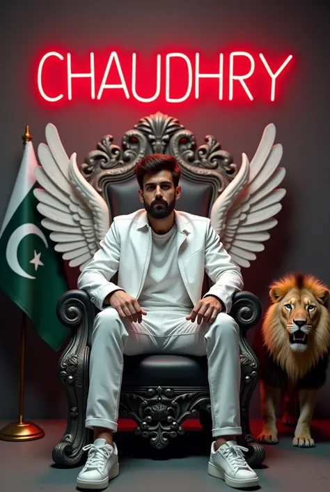 Create a 3D illusion for a profile picture where a 35 Year  man in a white jacket and Sitting casually on a King of Beasts Throne Chair and Pakistani flag and Furious lion by side. Wearing sneakers, he looks ahead. The background features "Chaudhry" in big...