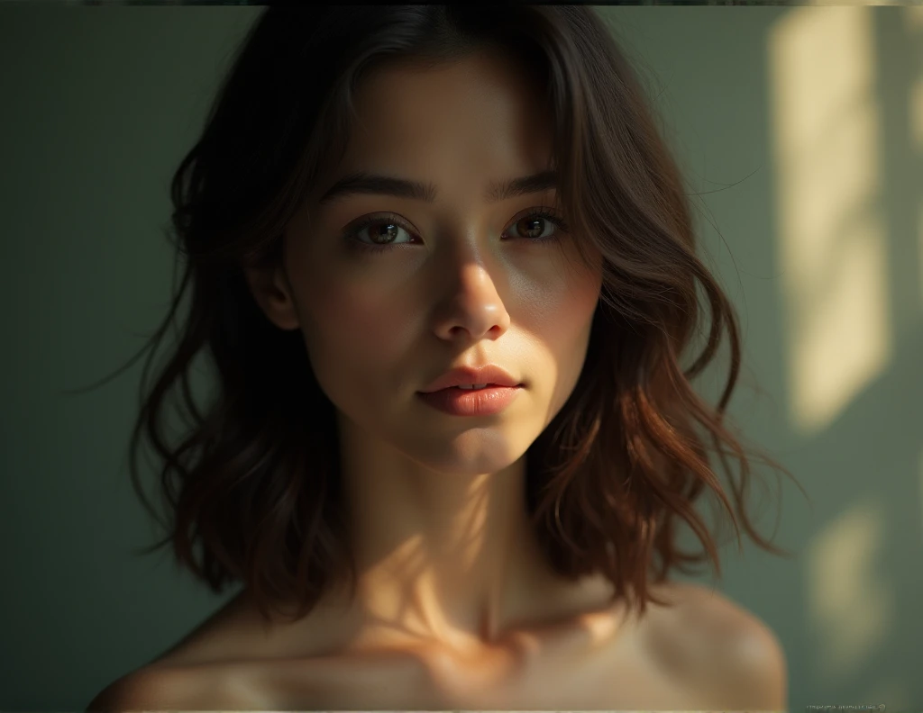 Film Portrait Photography., 1 girl, bare shoulders, shoulder length wavy hair, sereno, calm, (Realistic and detailed eyes, Natural skin texture, realistic face details), soft and dramatic lighting, depth of field, bokeh, vibrant details, finely detailed, H...