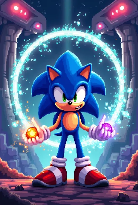 A picture of sonic using the time stones
Pixel art