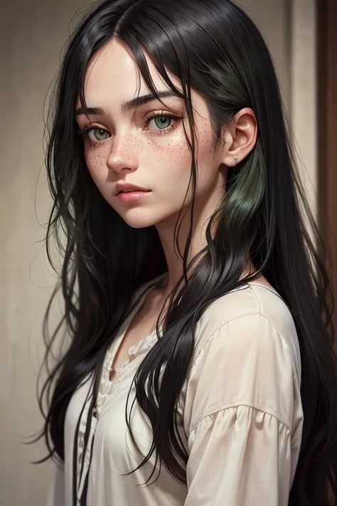 Long messy black haired young lady. She looked poor. She has pale green eyes and freckles on her face. She has half closed eyes looking down. Her hair is a bit wavy.