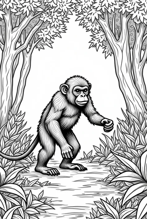 coloring page monkey as he roams through the forest and trees black and white