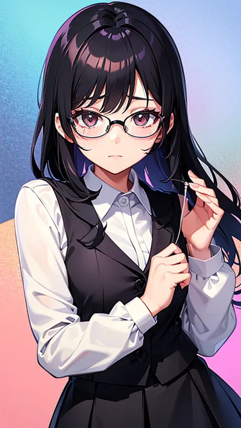 anime　beautiful girl　Black Hair　school uniform　Round Glasses　clear　No decoration　Are standing　Medium Hair　simple