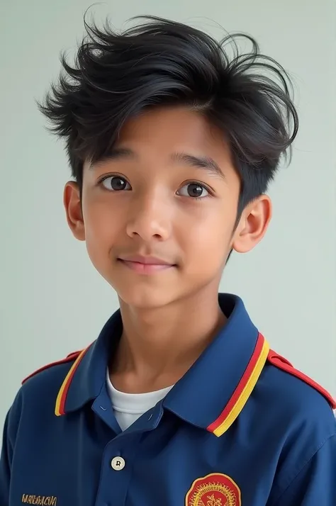 A man with fluffy hair and malaysian school uniform