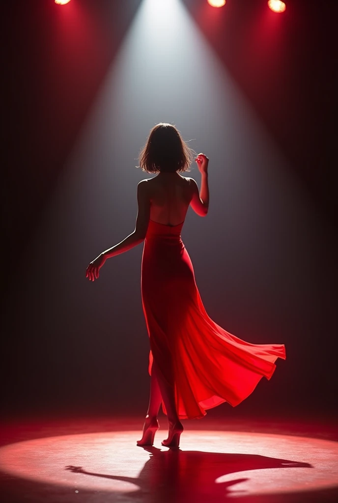 Slim woman with her back in a red dress, medium dark brown straight hair, singing on a lit stage