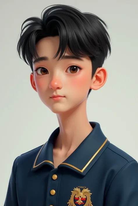 A man with realistic middle part fluffy hair and malaysian school uniform