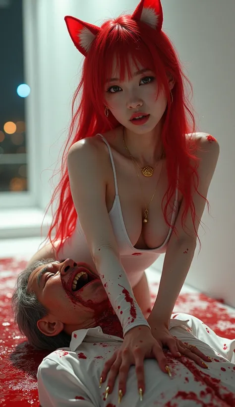 (((photorealistic:1.4))), ultra realistic, pores, (((masterpiece))),high quality, ultra details, realistic white skin beautiful evil smiling face pretty korean idol girl with long sharp golden shiny fingernails, blood on body, beautiful eyes, looking at ca...