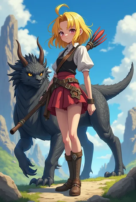 A girl  teen age with a yellow hair and with bow and stickwith yellow dragon four legs and black armor ,anime style
I want full body
