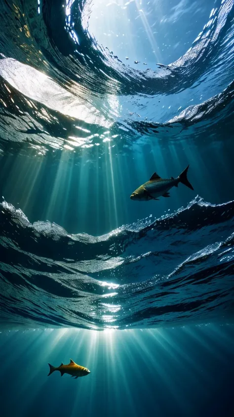 **"The fish swimming towards the surface, light breaking through, calm after the storm, wide-angle, realistic water, UHD."**