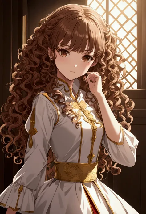 Make a curly brown haired anime girl accompanied by Satura Gojo