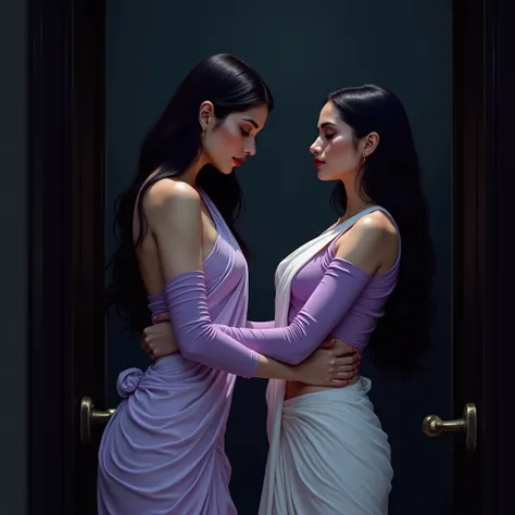 Two Pretty like princess, two pale skin indian woman is getting dragged by eachother woman by catching hold of her hand into a dark room where they are dressing eachother in different sexy sarees, both pale skin woman is wearing white saree on a light viol...