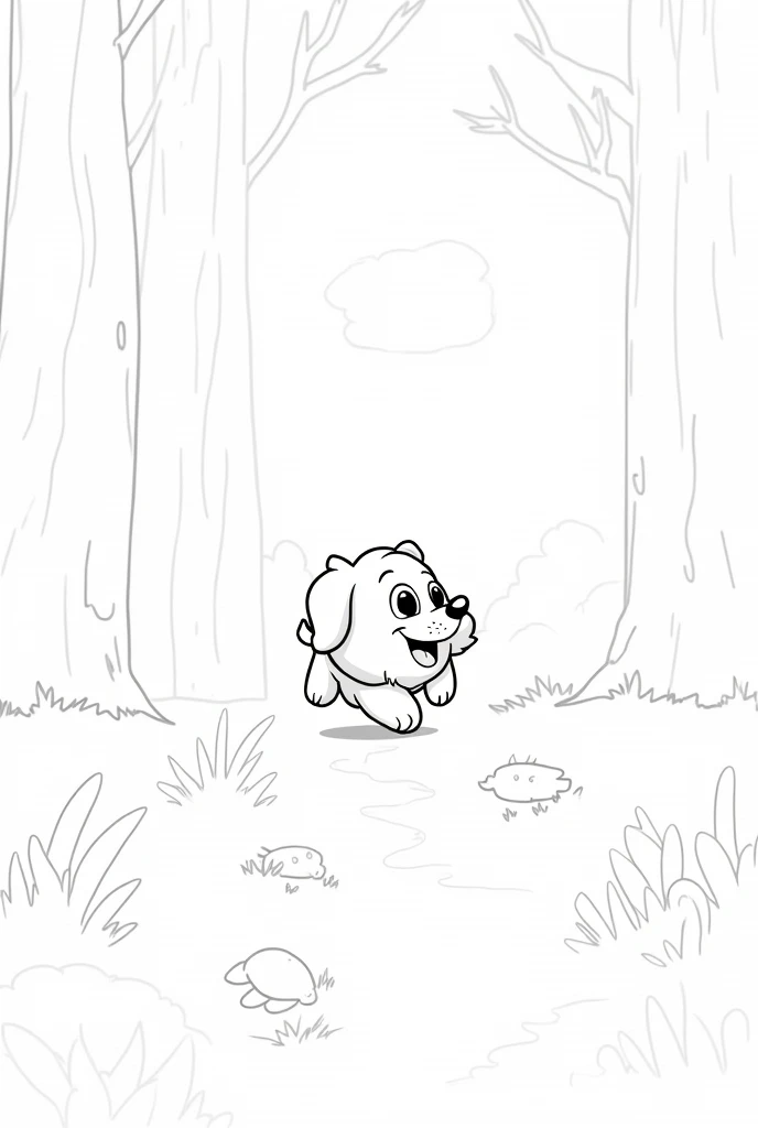 coloring page cute dog as he roams through the forest and trees black and white