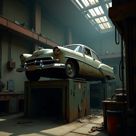 Create an image of a car in an old workshop on top of the elevator 