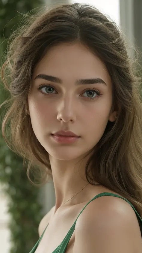 a girl, 20yo, gal gadot face.  face sent feeling.  Europe.  Oval face.  long face.  delicate facial features.  sad eyes.  gentle eyebrows.  seductively seductive.  green eyes.  Messy bun hair.  green hair.  messy hair.  straight face. Long shoot