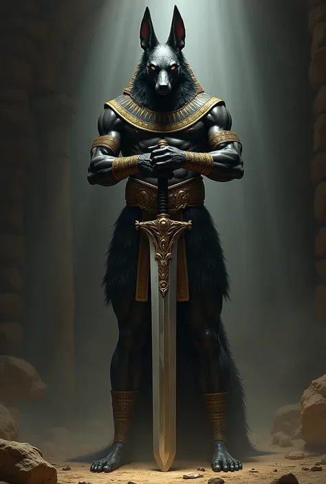 Anubis holding a sword with the tip on the ground with both hands facing forward