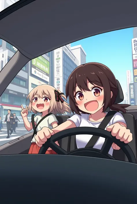 Genshin&#39;s Hua Miao and Hotaru are driving around Tokyo at 12 noon, Walnut was laughing as she held the wheel.、Hotaru is scared in the passenger seat because Kurumi is driving too fast., View from inside the car