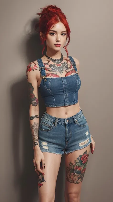 A realistic illustration of a woman with full-body tattoos, including detailed tattoos on her abdomen and thighs. She has vibrant red hair and a slight smile, giving her a confident and approachable look. Her tattoos cover her arms, legs, torso, abdomen, a...