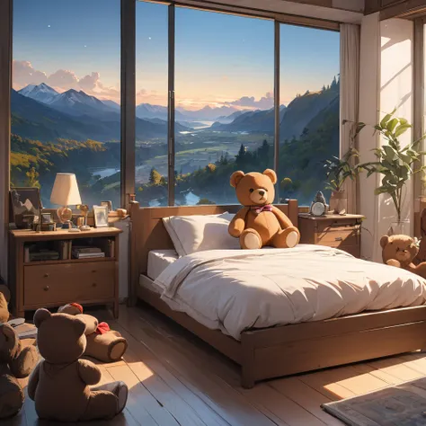 (masterpiece, best quality:1.2),teddy bear,in the room,landscape,