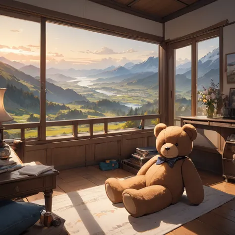 (masterpiece, best quality:1.2),teddy bear,in the room,landscape,