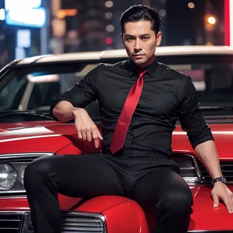 40 years old,One Man,Black Shirt、Red tie、Black slim pants、,Night parking、mafia、Sitting with legs wide open、Hold a gun,logic,Gay ,Very short slicked back hair,Stubble,Asian Faces,Handsome Dad,Bulging in the crotch area of pants