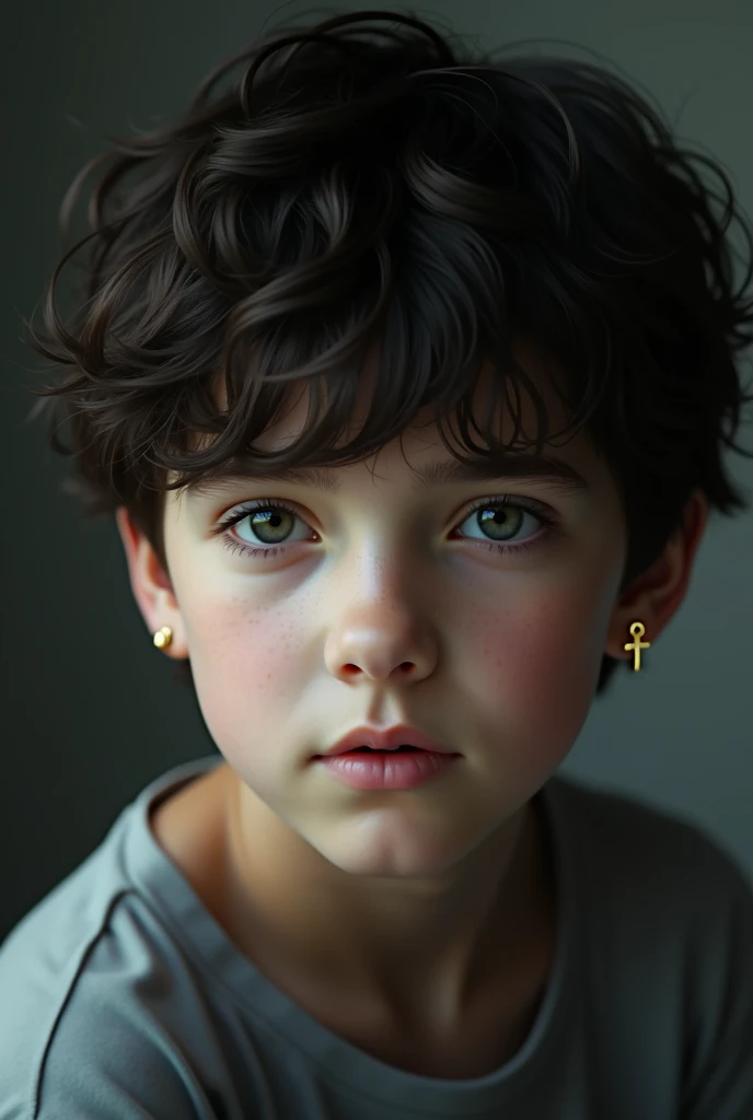  boy with wavy dark hair and a small cross earring in one ear 