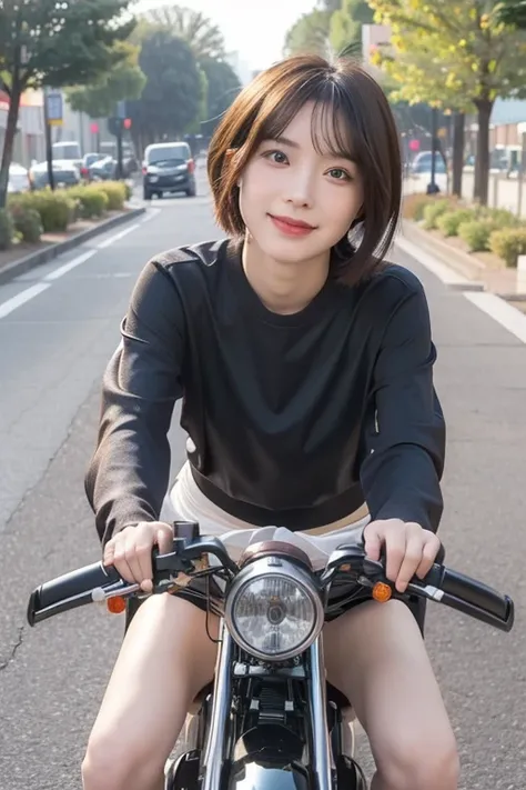 ((Highest quality, 8k, masterpiece: 1.3)), sharp: 1.2, , Perfect Body Beauty: 1.4, (Very small waist: 1.5), Cute Face, Black short hair, (((Woman on a motorcycle))), Slender body, ((casual)), Highly detailed face and skin texture, Beautiful Eyes, double ey...