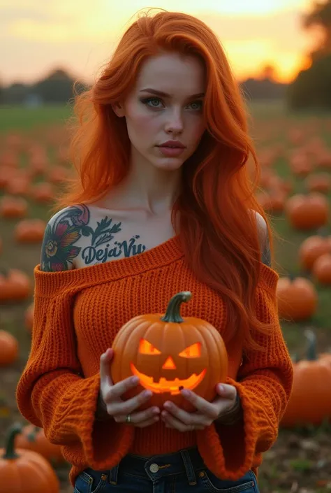 Light skin young woman with long wavy red hair tattoos wearing a orange sweater that says DEJA VU in a pumpkin patch holding a jack o lantern 