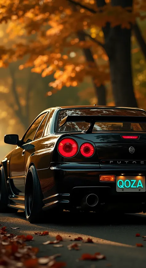 Cinematic photo of the modified "Nisan GT-R Skyline R34" sports car. The image shows a section of the rear side of the dark-colored Nissan Skyline GT-R R34 sports car. The license plate reads "qoza" in neon colored. The car drives on an asphalt road surrou...